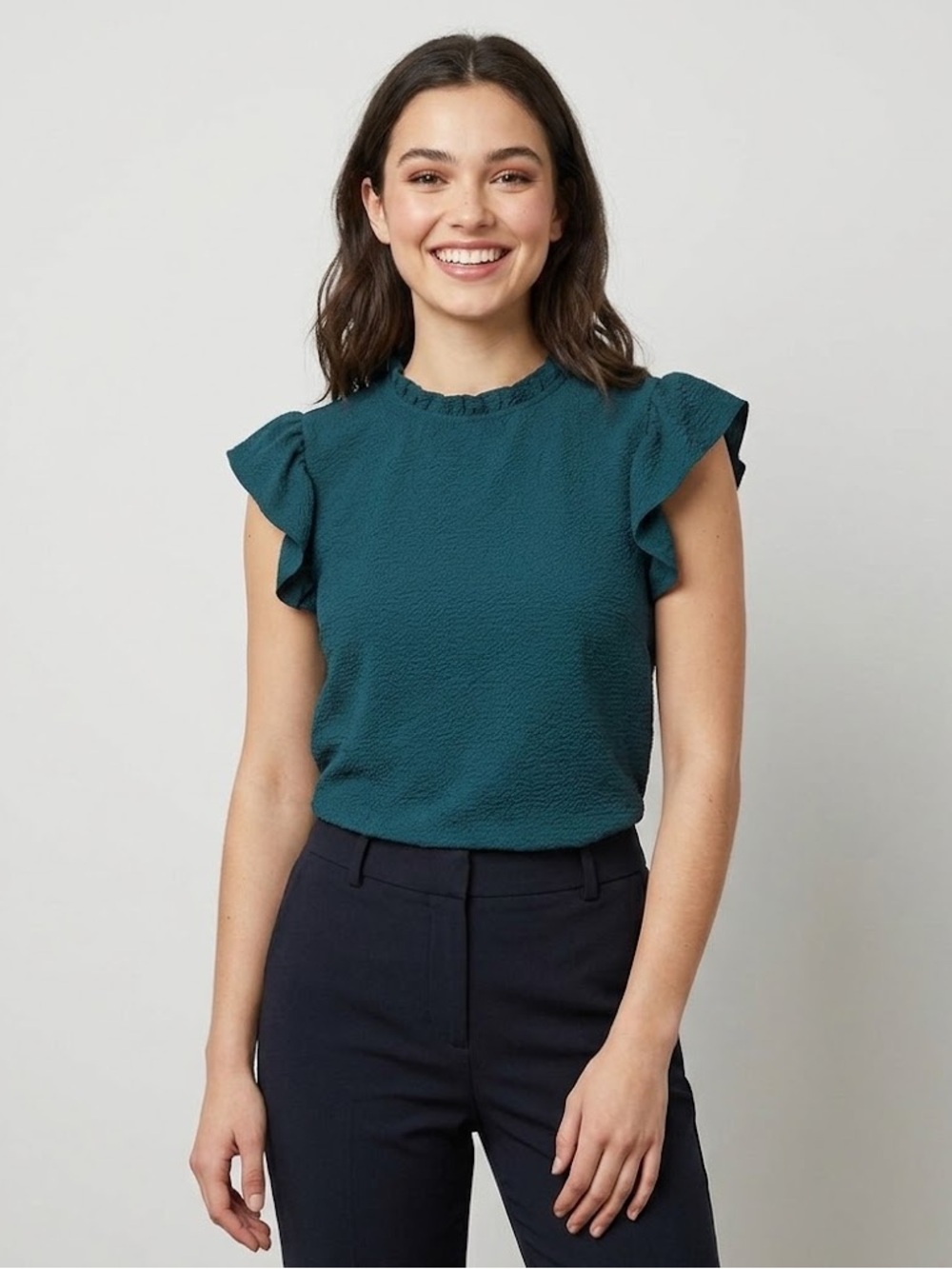 Elegant Teal Green Ruffle Sleeve Blouse, Niay, Women’s size large, textured